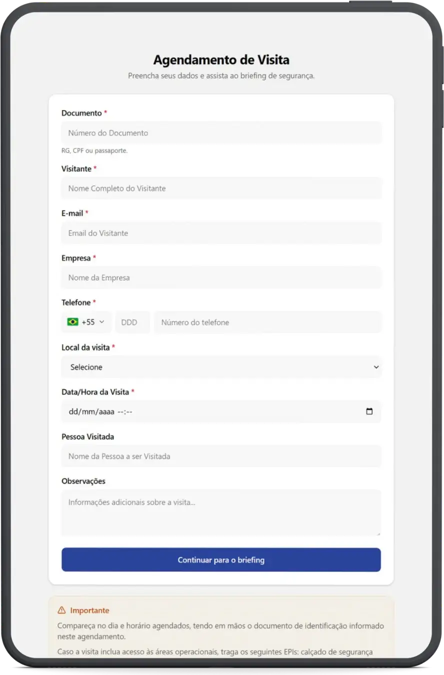 Formulário público de agendamento de visita, exibido em um tablet